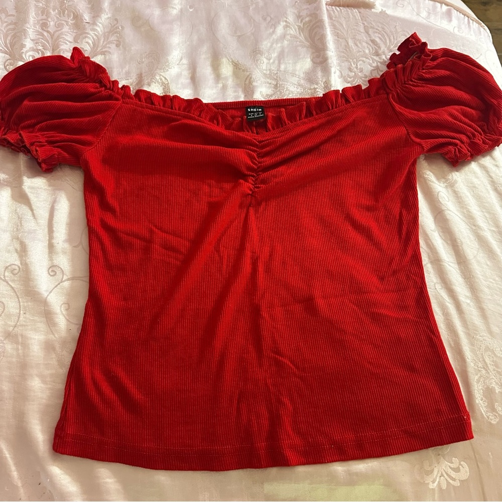 Forever 21 Red Puff Sleeve Ruched Blouse